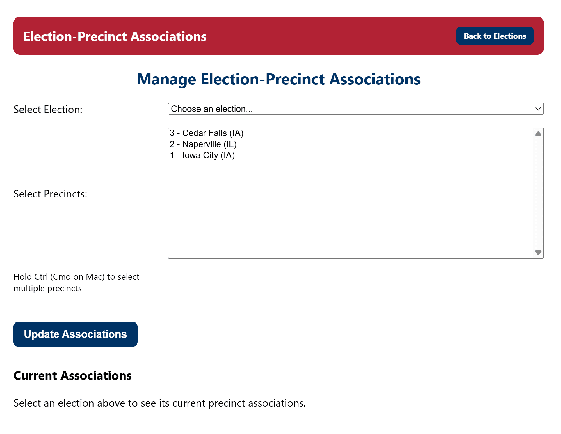 Election Management System precinct assignment interface