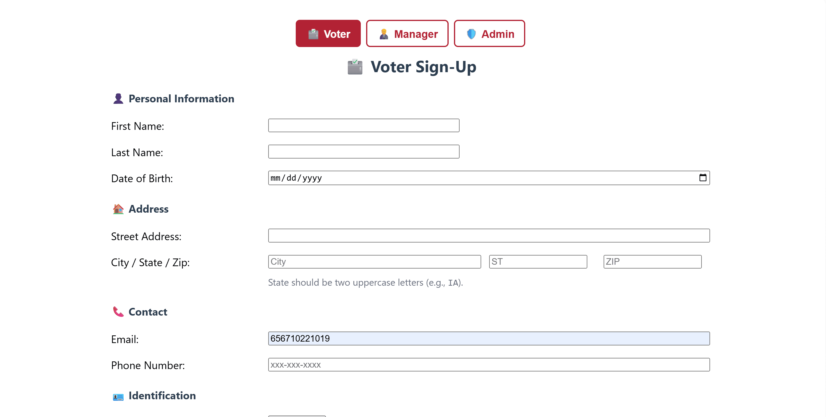 Election Management System voter signup form