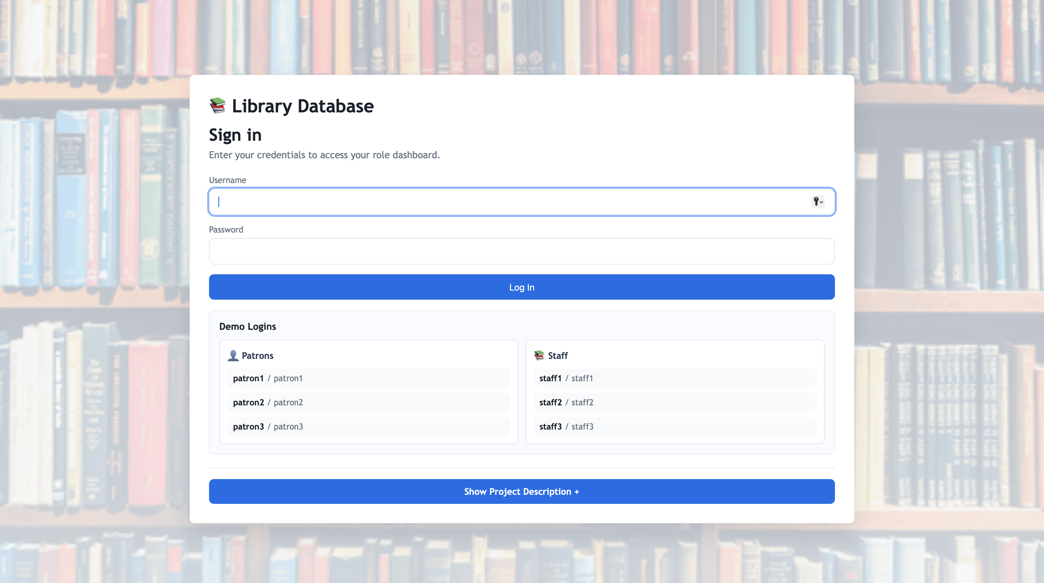 Library database application login page with patron and staff demo accounts