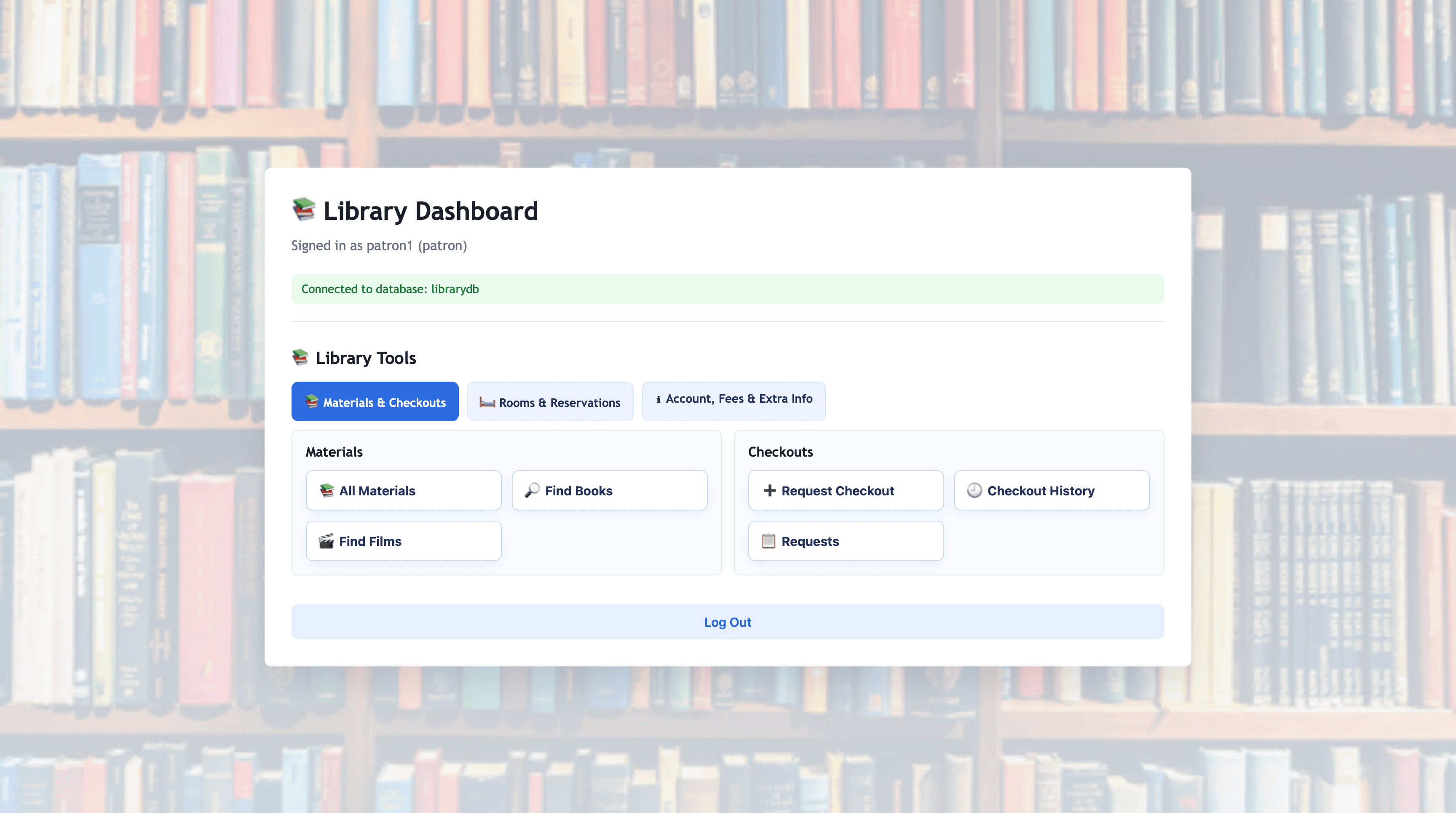 Patron library dashboard with catalog, checkout, reservation, and account tools