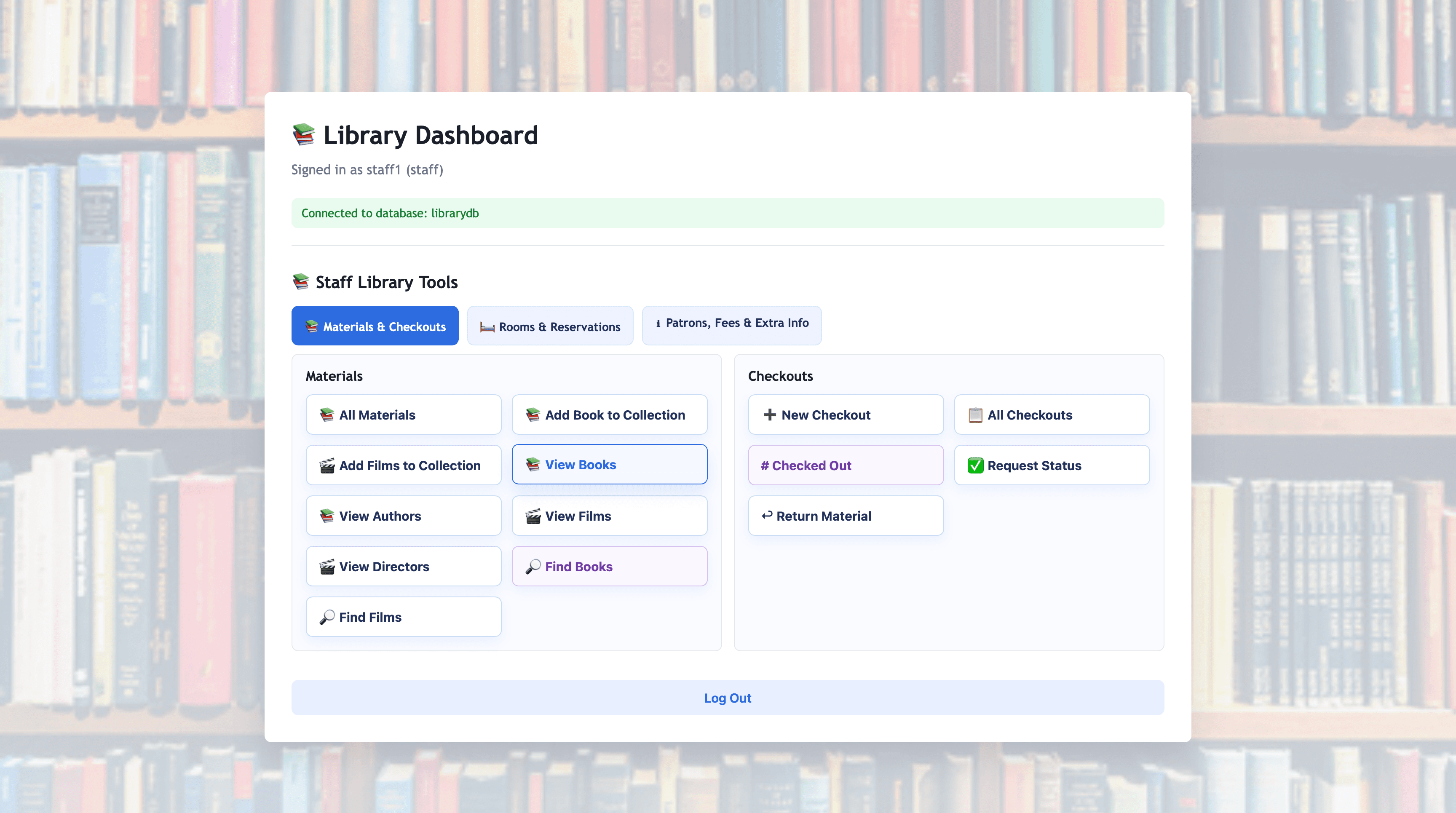 Staff library dashboard with catalog management and checkout tools