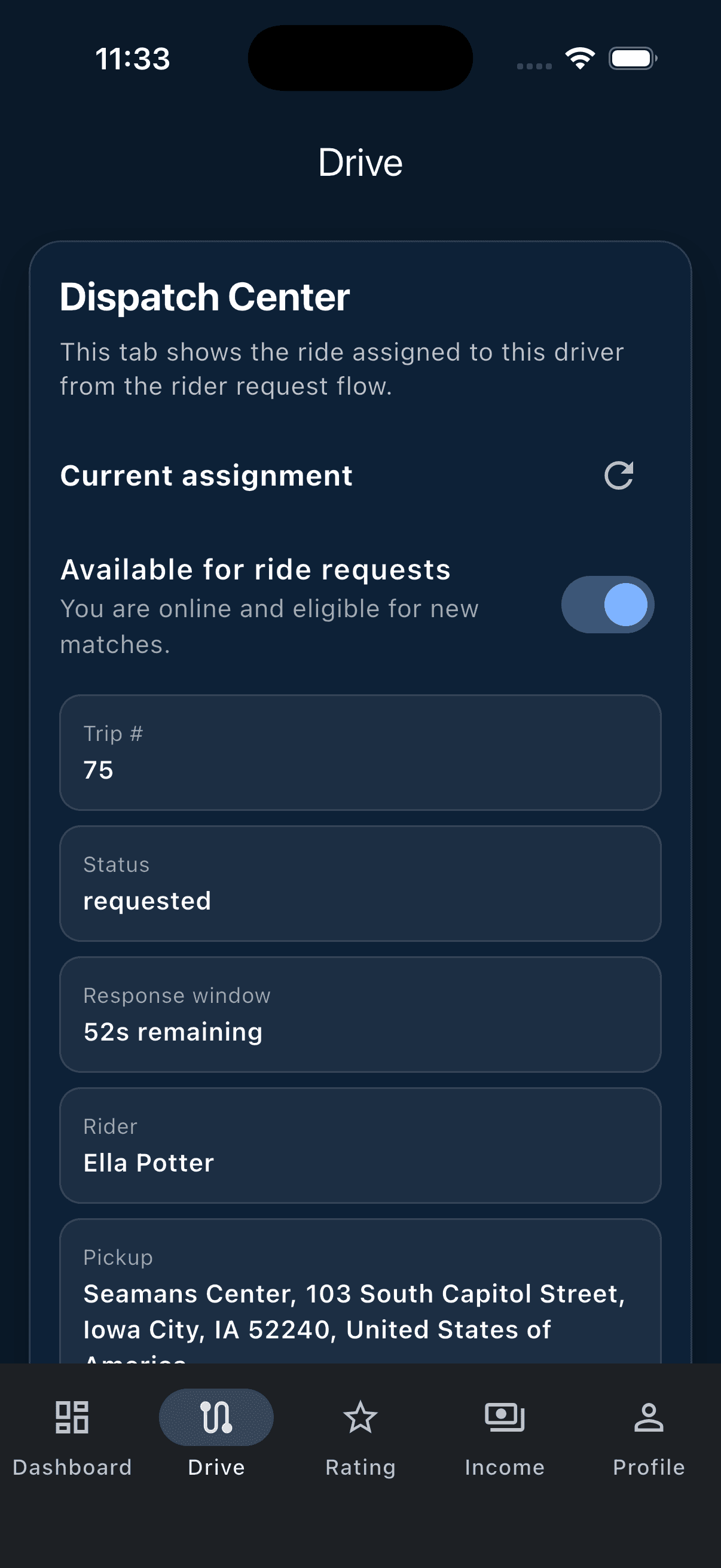 RideMatch driver dispatch screen