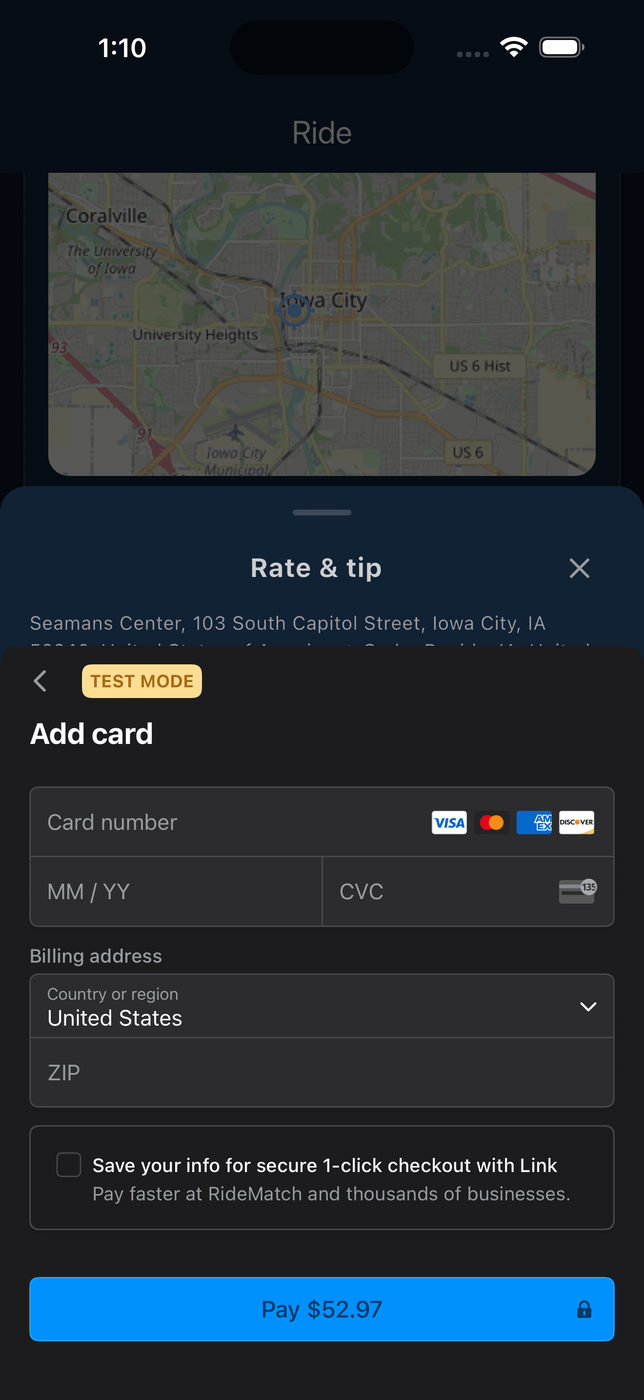 RideMatch payment screen