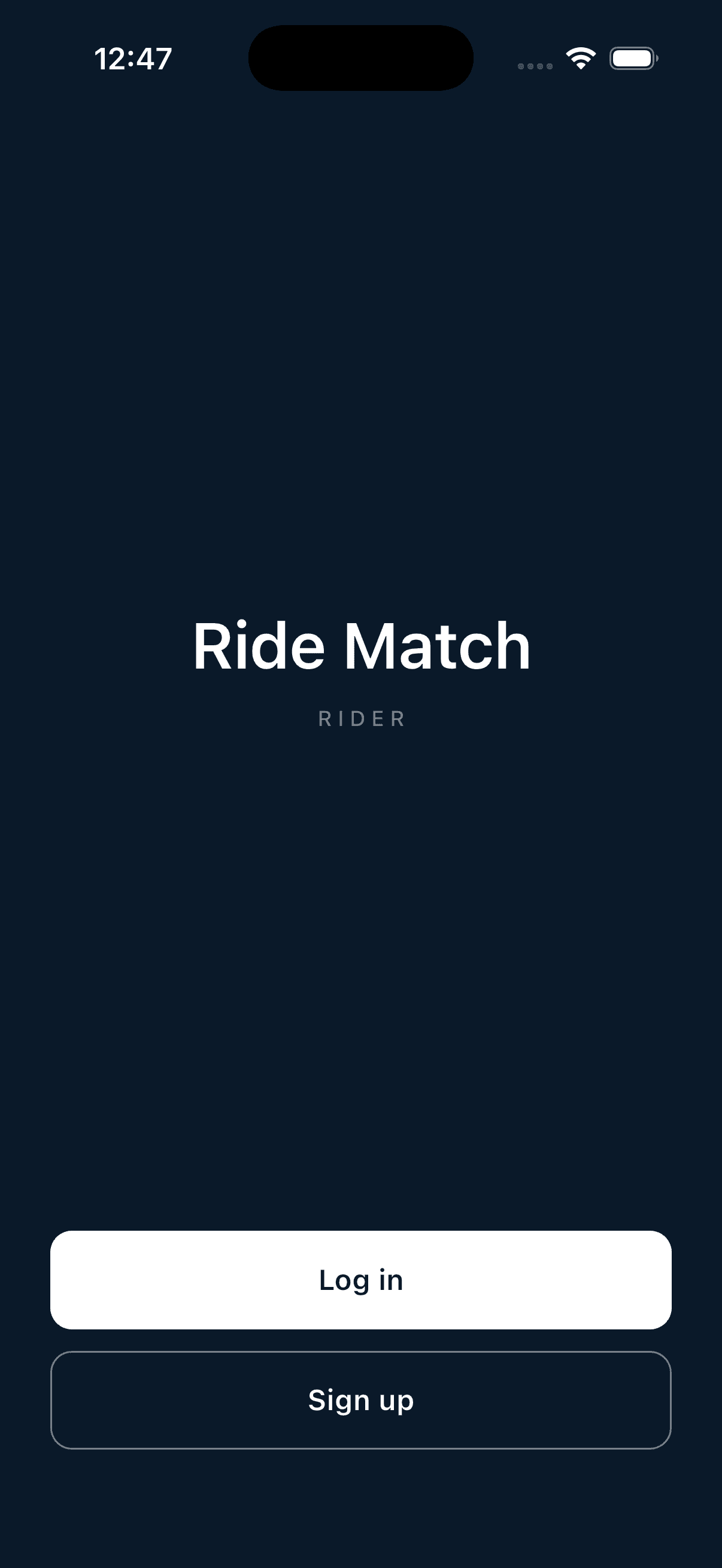 RideMatch login screen