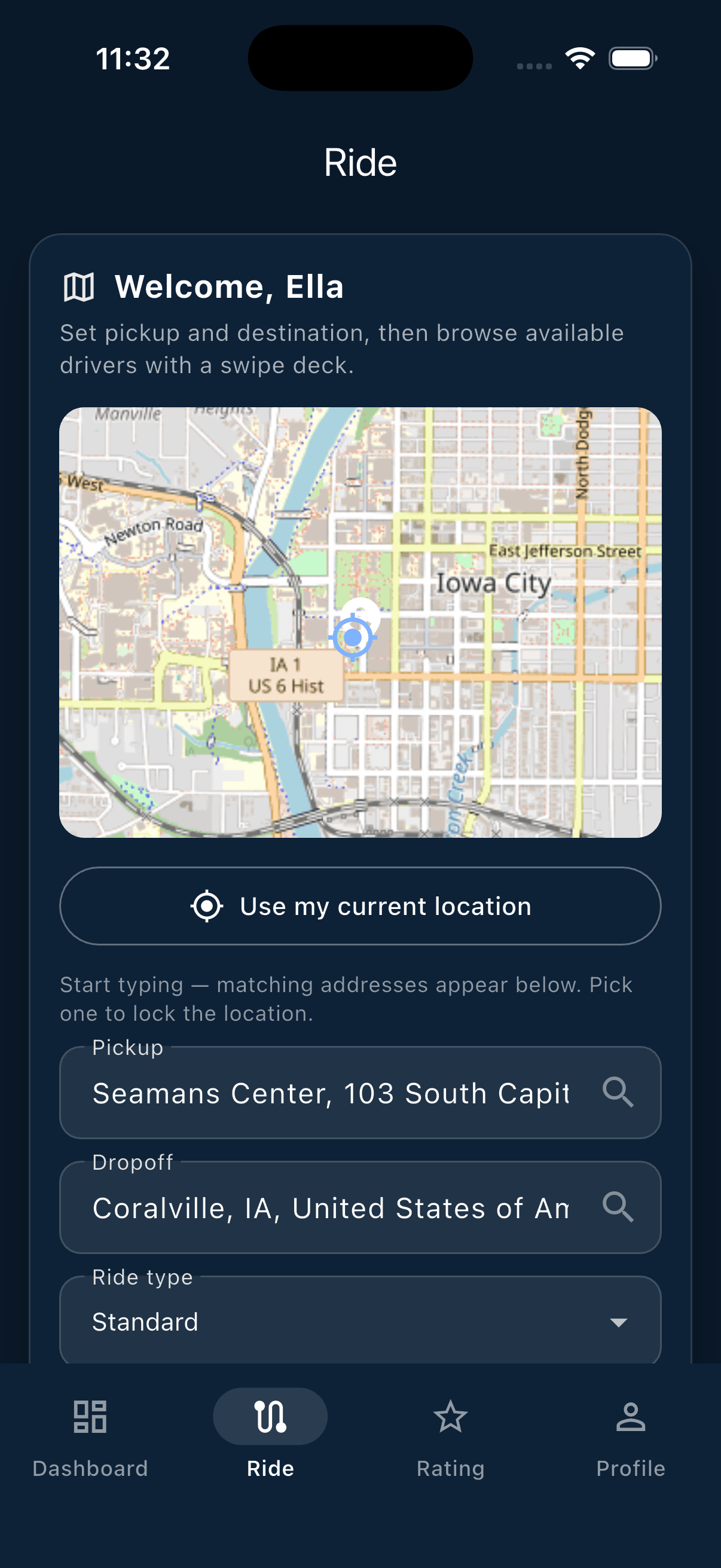 RideMatch ride request screen