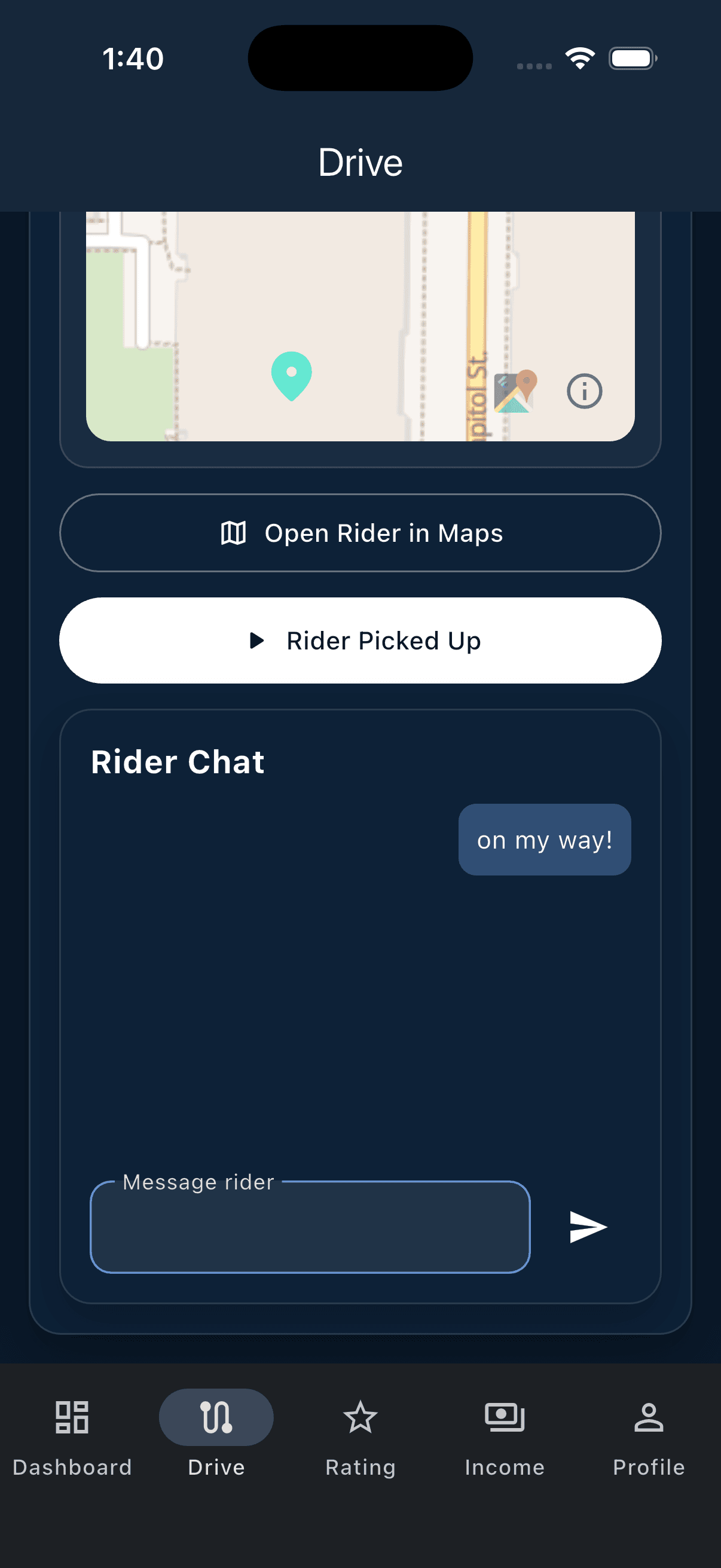 RideMatch chat between a rider and driver