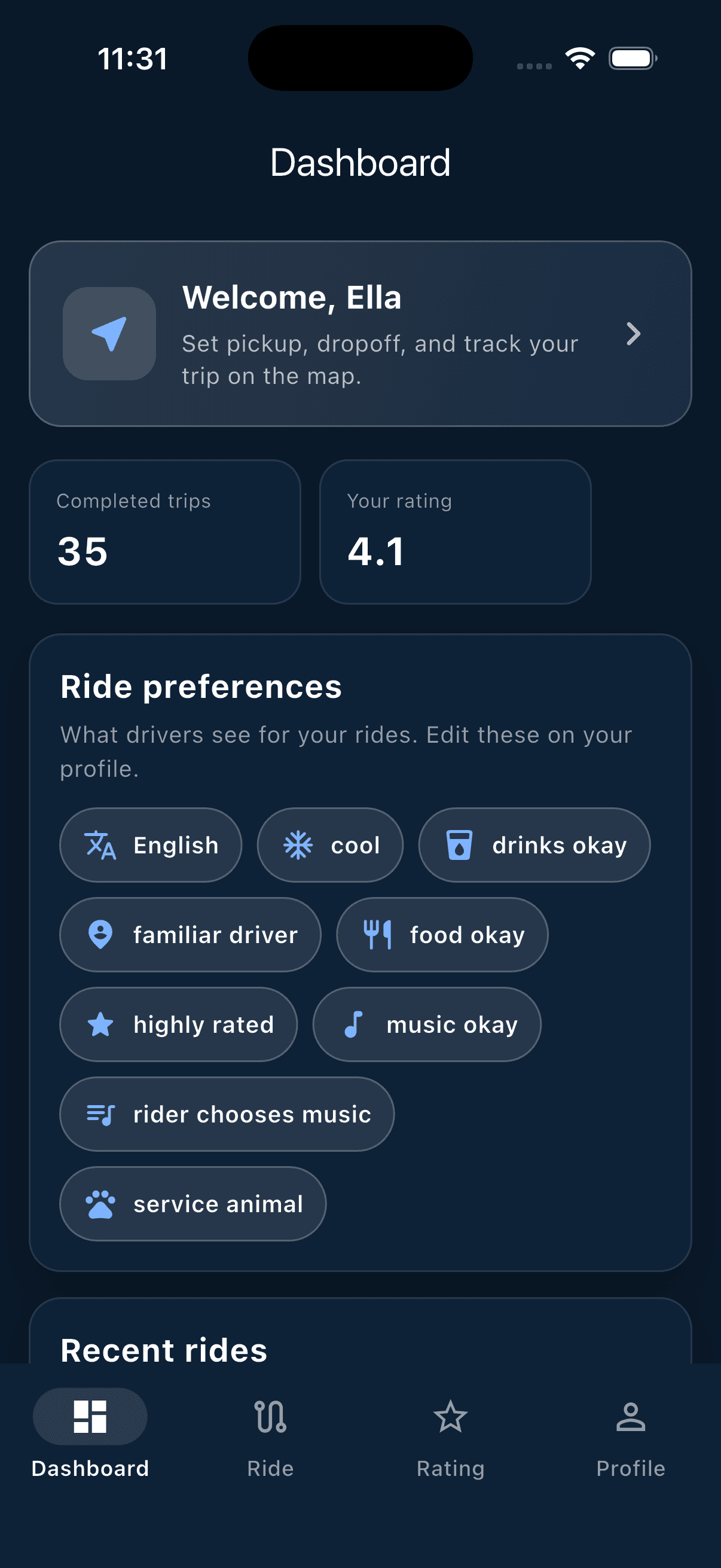 RideMatch Rider dashboard