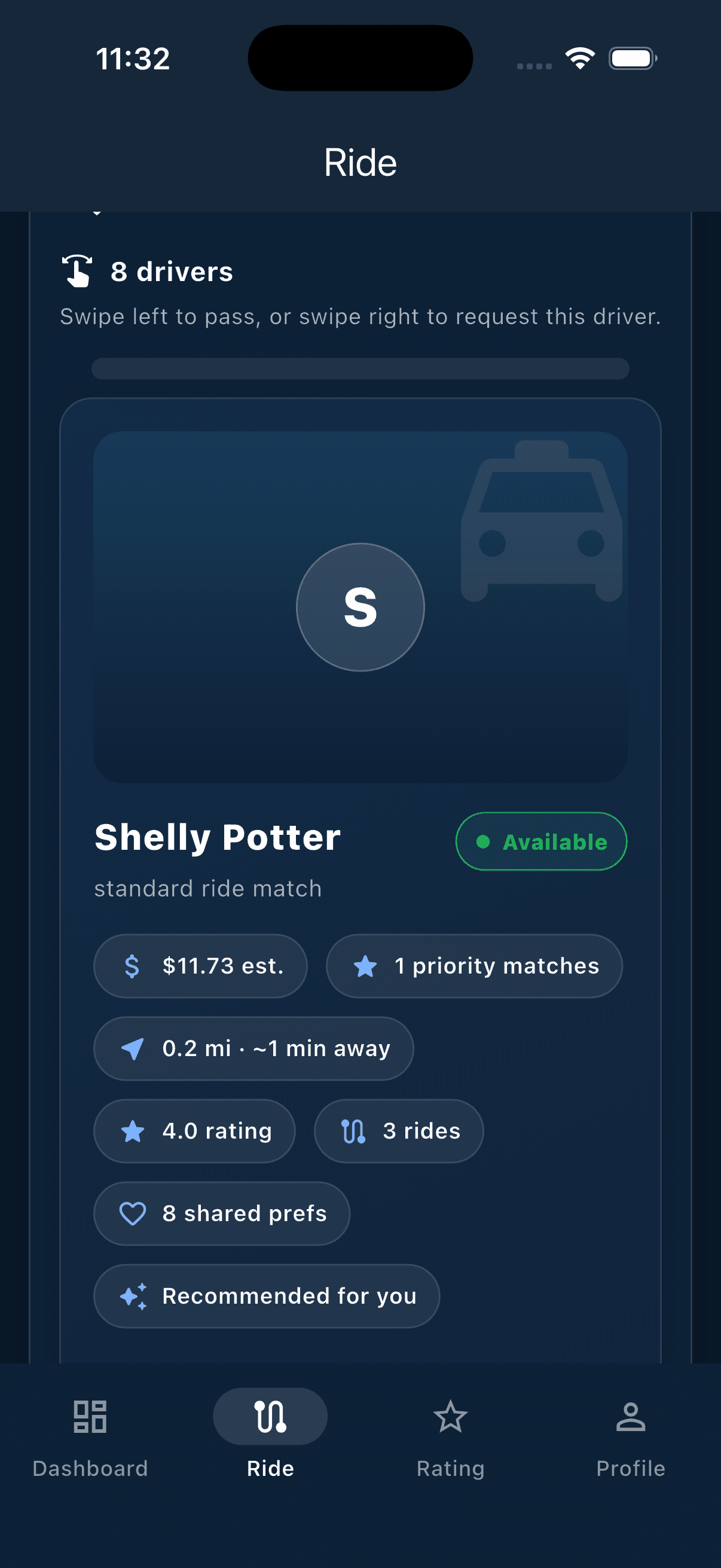 RideMatch swipe-based driver selection screen